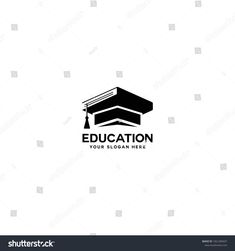 education logo design with book and graduation cap on top, black and white background stock photo