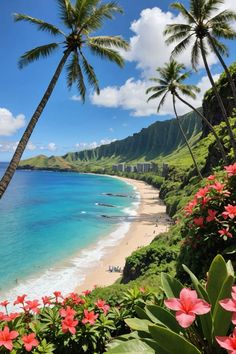 the beach is lined with palm trees and pink flowers in front of blue water, surrounded by lush green hills