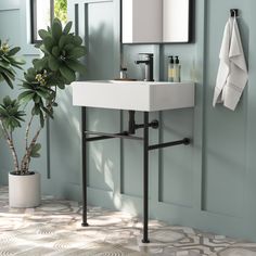 a bathroom sink sitting under a mirror next to a potted plant