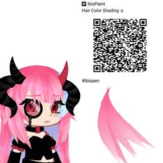 an anime character with pink hair and horns on her head, next to a qr code