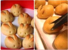 an image of bread buns being cut and placed on a plate with a knife