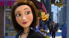 an animated woman standing in front of a building with a bee on it's head