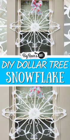 the diy dollar tree snowflake is hanging from a window