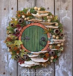 an image of a green door surrounded by leaves and flowers on a wooden background with text overlay