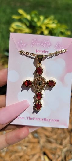 This beautiful cross necklace is a staple in any jewelry collection. Cross pendants are known to be an exclamation of faith. This piece is a must-have to have in any jewelry box! 14K gold plated Beautiful Cross, Necklace Collection, Gold And Red, Jewelry Lookbook, Red Cross, The Pretty, Cross Pendant, Cross Necklace, Jewelry Box