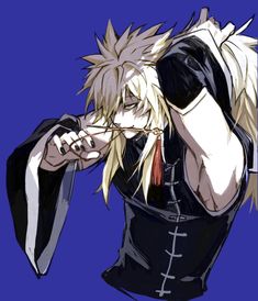 an anime character with blonde hair and black clothes