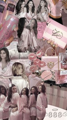 a collage of girls in pink and white pajamas with gifts on the floor next to them