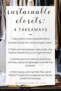 a closet with clothes hanging on the rack and text that reads, sustainable closets 4 takeaways