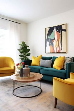 a living room filled with furniture and a painting on the wall