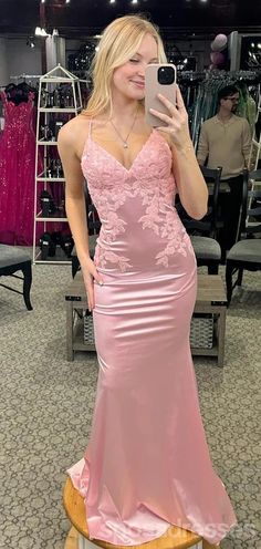 Sexy Pink Mermaid Spaghetti Straps V-neck Maxi Long Party Prom Dresses – SposaDresses Pink Mermaid, Grad Dresses, Dress Inspo, Dress Inspiration, Party Dress Long, Satin Material, Planning Ahead, Long Prom Dress