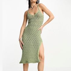 Asos Green Crochet Dress. Size Small But Has Some Stretch Due To The Knit. Brand New With Tags! Open Knit Midi Summer Dress, Stretch Knitted Dresses For Vacation, Knitted Stretch Dress For Vacation, Spring Stretch Open Knit Crochet Dress, Spring Stretch Crochet Dress With Open Knit, V-neck Knitted Beach Dress, Spring Open Knit Stretch Dress, Open Knit Midi-length Vacation Dresses, Beach Crochet Sundress, Midi Length