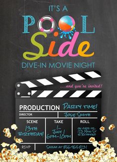 a movie clapper and popcorn in front of a chalkboard with the words pool side written on it