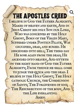 an old parchment paper with the words, the apostles cred