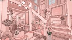 Bloxburg Custom Stairs, Kawaii Bloxburg House, Bloxburg Cute House, Bloxburg Instagram, Pinterest Kitchen, Bloxburg Interior, Bloxburg Building