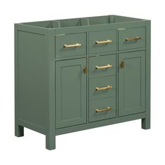 a green cabinet with gold handles and drawers