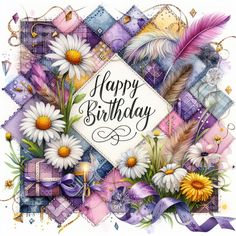 a happy birthday card with daisies, feathers and ribbons on the front is an image of