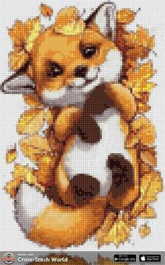 a cross stitch pattern with an image of a fox holding a ball in it's mouth