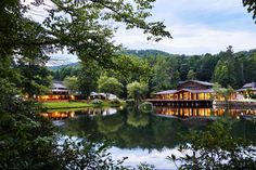 a lake surrounded by lush green trees next to a forest filled with lots of trees