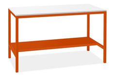 an orange and white table with shelves on each side