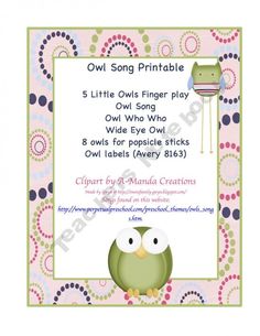 an owl song printable with the words owl song printable in pink and green