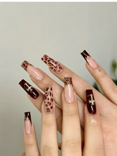 Dark Leopard Print Nails, Leopard And Gold Nails, Brown And Leopard Nails, Dark Red And Brown Nails, Italian Acrylic Nails, Dark Brown Nails With Design, Brown Leopard Print Nails, Dark Red Leopard Print Nails, Brown Y2k Nails Acrylic