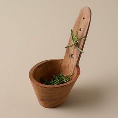 a wooden spoon in a bowl filled with grass