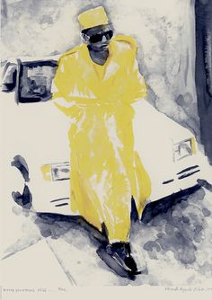 a painting of a man sitting on the hood of a car wearing a yellow raincoat