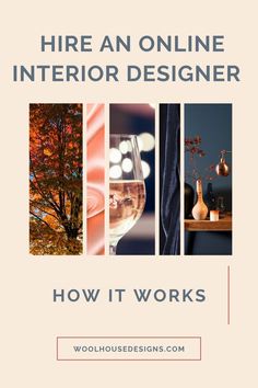 the words hire an online interior designer how it works on a white background with four different images