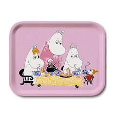 a pink tray with three moomies eating at a table and one has a teapot on it