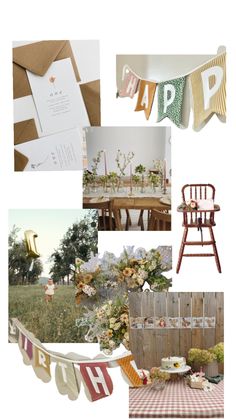 a collage of photos with flowers, chairs and paper garlands on the table