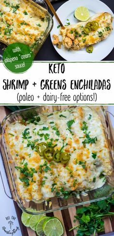 keto shrimp and green enchiladas in a casserole dish