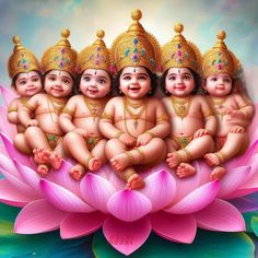 five little babies sitting on top of a pink flower