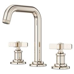 two chrome faucets with clear handles and nozzles are shown in this image