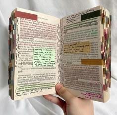 an open book with many different colored papers on it