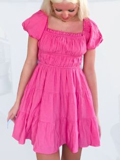 Nora Pink Ruffle Dress | sassyshortcake.com | Sassy Shortcake Sassy Shortcake, Pink Ruffle Dress, Apple Red, Tie Bow, Pink Ruffle, Sun Kissed, Ruffle Dress, Ruffle Hem, Puff Sleeves