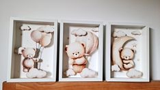 three framed pictures with teddy bears on them