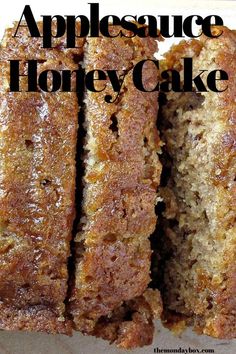 there are three pieces of cake on top of each other with the words, appleauce honey cake