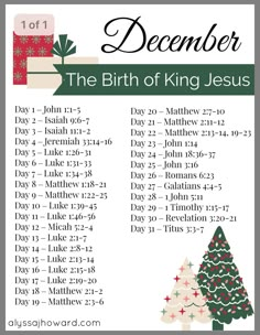 the birth of king jesus with christmas tree and presents on it, in green and white