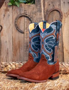 Quincy mens suede leather western rodeo square toe boots -handmade -water resistant -color shedron & blue Mexican Sandals, Embroidered Boots, Western Belt Buckles, Cowboy Party, Brown Leather Shoes, Western Rodeo, Square Toe Boots, Star Shoes