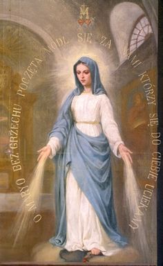 a painting of the immaculate mary in blue and white with words written below her feet