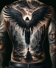 a man's back with an angel on it and skulls in the foreground