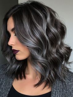 Grey And Dark Hair Color, Smokey Hair Balayage, Chocolate Hair With Silver Highlights, Black And Ash Grey Hair, Brown With Grey Hair, Grey Blending Dark Hair Brunettes, Grey Blending Black Hair, Purple Grey Hair Color, Black Hair With Grey Balayage