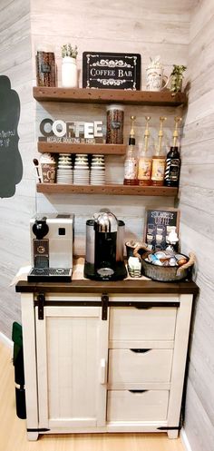 a coffee bar with shelves above it