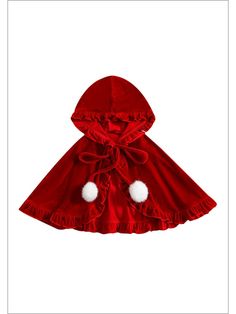 Make this festive holiday a fairytale to remember! Our red velvet cloak wraps up you little girl in enchantment with its lush fabric, ruffle trim, and pom pom details. This stunning accessory makes any outfit extra magical! High-quality fabric is lush and lightweight, keeping her pampered while giving her extra warmth too. Festive color and charming details add cheer to her wardrobe. Santa-approved style that everyone wil love! Perfect for winter, holidays, Christmas parties, cosplays, fashion p Cloak Outfit, Baby Boy Christmas, Christmas Romper, Poncho Coat, Girls Christmas Outfits, Fancy Dress Up, Hooded Poncho