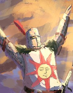 an artistic painting of a knight holding his arms in the air