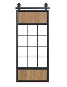 an open window with wooden panels and metal bars on the top, against a white background