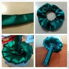 three pictures of different types of green ribbons and bows, including a hair scrunch