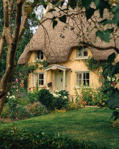 a house with a thatched roof surrounded by greenery