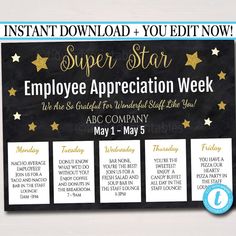 an employee appreciation week sign with gold stars on black paper and white writing, instant printable