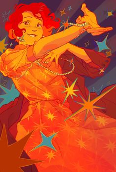 a woman in an orange dress with stars around her and pointing to the sky above her